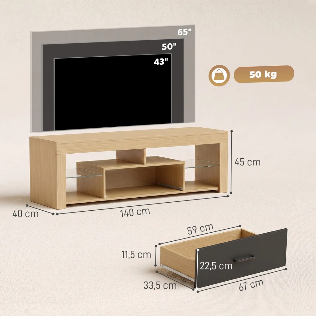 HOMCOM Lowboard RTV do telewizorów do 165,1 cm, nowoczesna szafka RTV z regulowanymi półkami szklanymi, dąb | Aosom PL