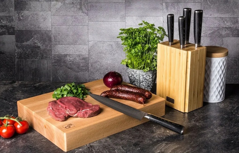 Zestaw noży G21 Damascus Premium w bambusowym bloku, pudełko, 5 szt. + kamień do ostrzenia