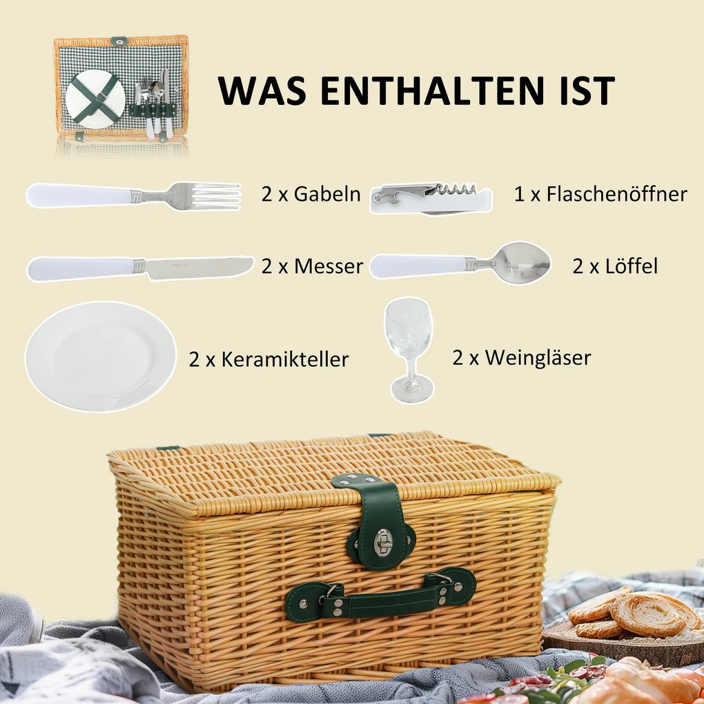 Outsunny Kosz Piknikowy z Wierzby dla 2 Osób z Izolowaną Torbą Chłodzącą i Zestawem Sztućców Jasnobrązowy