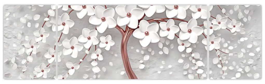 Obraz - Obraz białego drzewa z kwiatami, rosegold (170x50 cm)