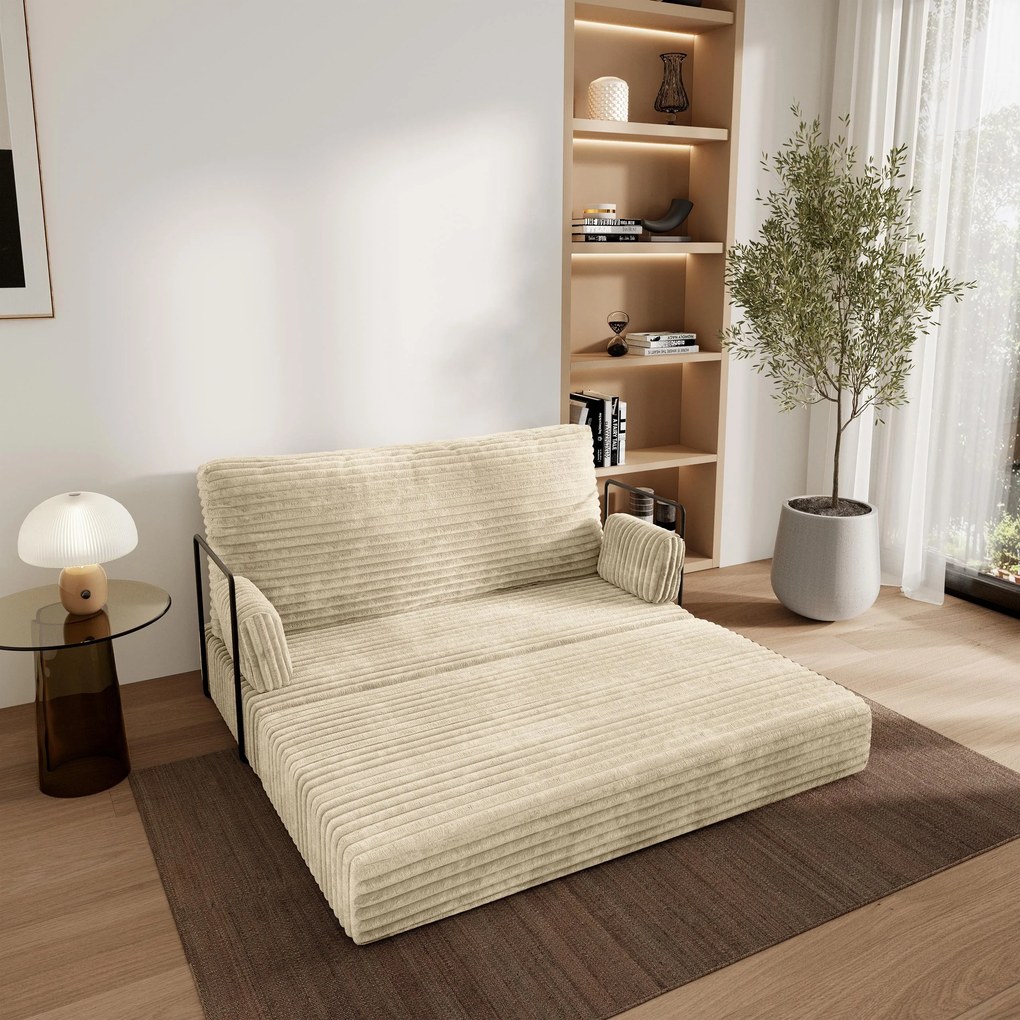 Masseno Sofa piankowa LADIA z funkcją spania, Kanapa z pianki do salonu, Bezmontażowa, Tkanina sztruksowa – Kremowy TILIA 03