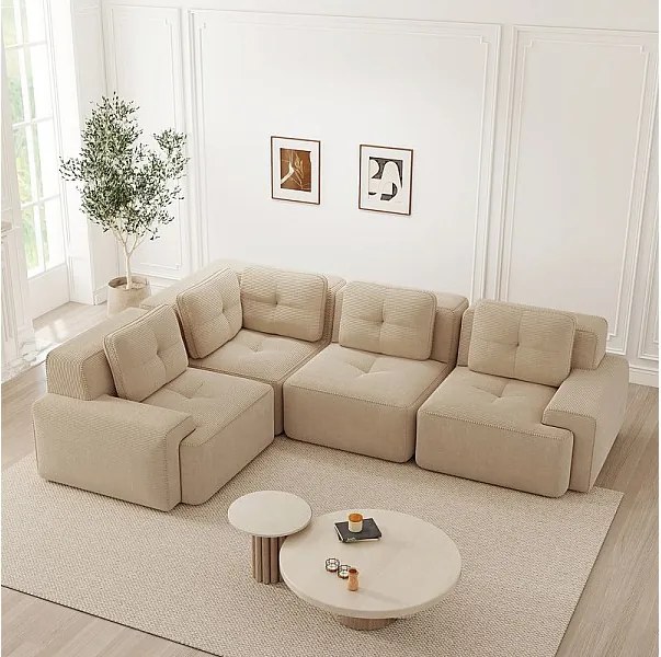 Canapé d'angle gauche modulable en velours côtelé - 4 places - avec 5 coussins - 382x177x69cm - Beige