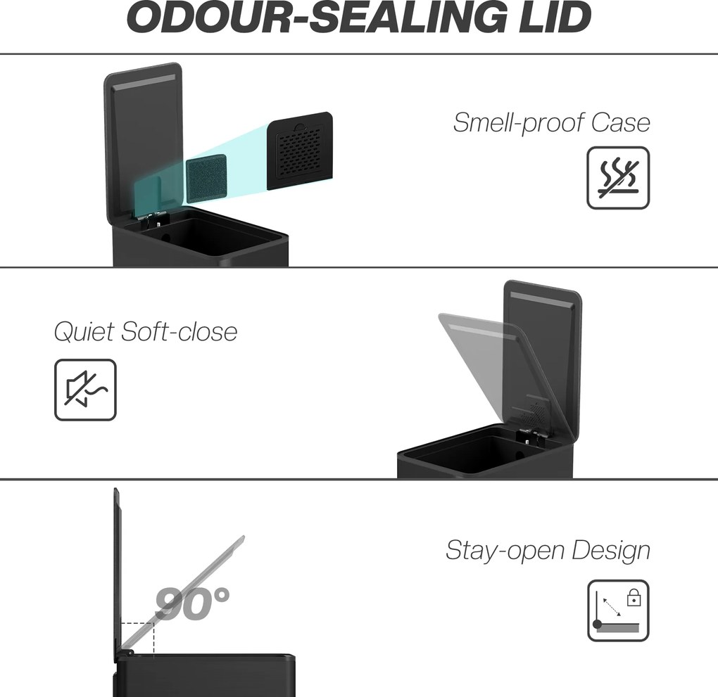 HOMCOM Kosz na Śmieci 20L, Pokrywka Soft-Close, Miejsce na Dezodorant, Odporna na Odciski Palców Stal Nierdzewna, Czarny | Aosom PL