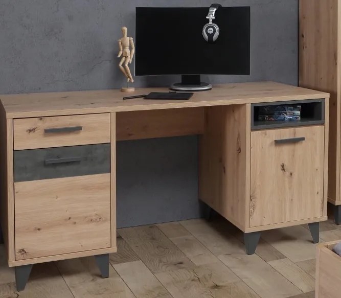 Biurko komputerowe z 2 szafkami Raven 221, dąb artisan/beton
