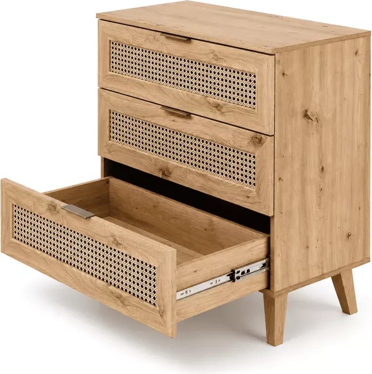 Komoda Calviro II – elegancka i funkcjonalna komoda w kolorze dąb artisan z modnymi wstawkami imitującymi plecionkę