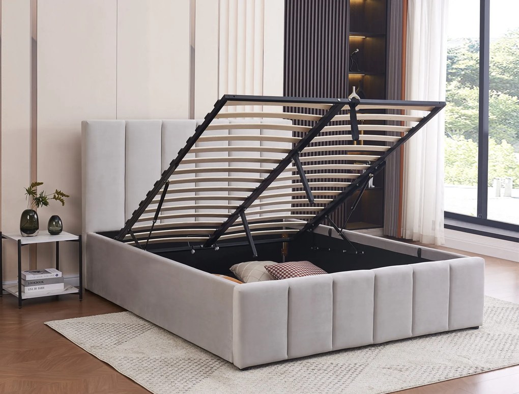 Łóżko Tapicerowane 140x200 Z MATERACEM, stelaż, pojemnik na pościel szary PRATO