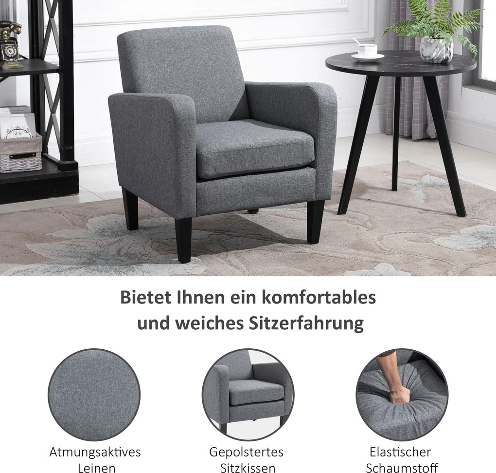 HOMCOM Fotel jednoosobowy fotel relaksacyjny krzesło jednoosobowe fotel tapicerowany drewniane nóżki tkanina lniana jasnoszary