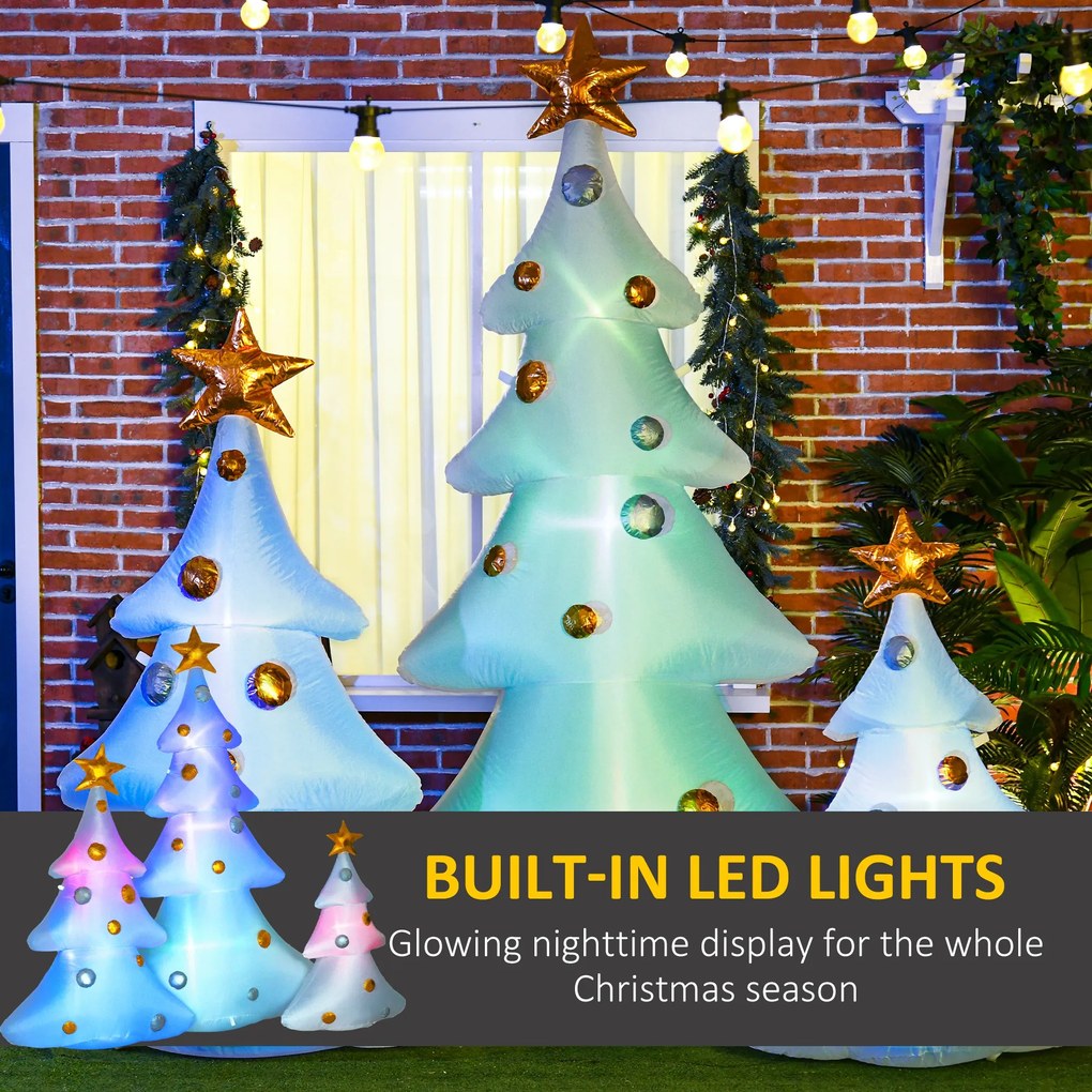 HOMCOM Zestaw 3 nadmuchiwanych choinek świątecznych, w tym wentylator, na zewnątrz i do wnętrz, z zestawem montażowym, Biały+Złoty