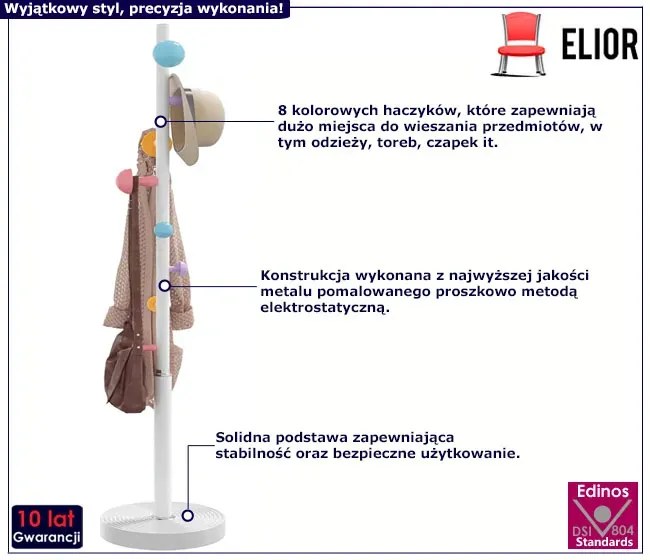 Biały stojący wieszak z kolorowymi haczykami - Larion