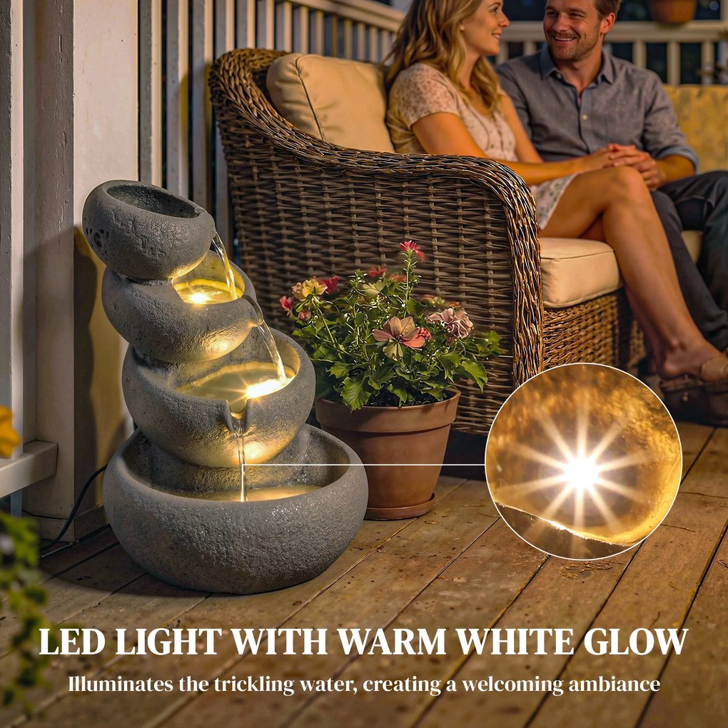 Outsunny Fontanna ogrodowa z żywicy, 4-stopniowy wodospad z LED, pompa, design w stylu kamienia, 35 x 32 x 50 cm | Aosom PL