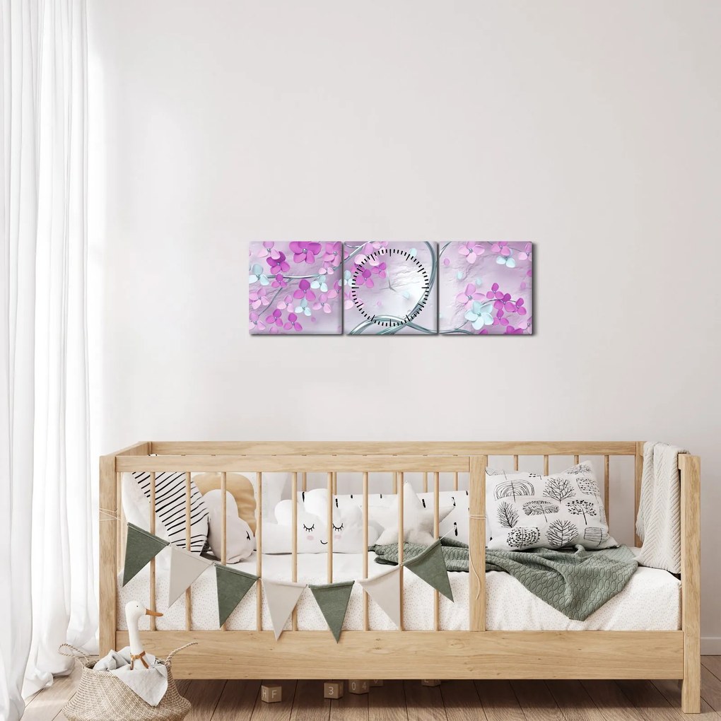 Obraz kwiatów na srebrnej łodydze - abstrakcja (z zegarem) (90x30 cm)