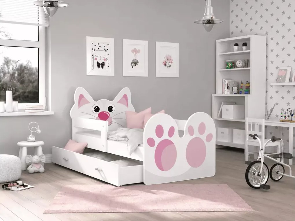 Łóżko dziecięce Mruczek z szufladą 80x140/160/180 barierka kotek MDF + stelaż Flex