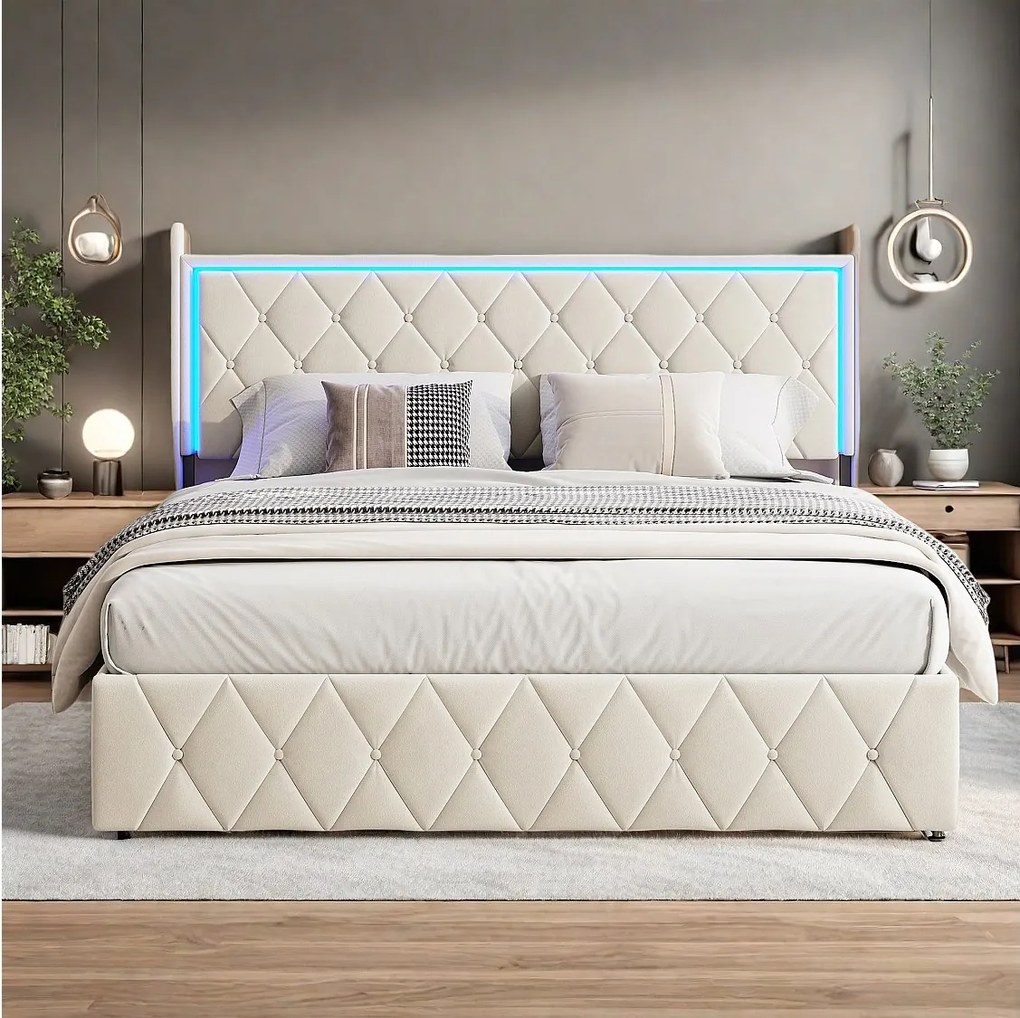 Podwójne łóżko z pojemną szufladą, tapicerowane aksamitem z oświetleniem LED 160x200 cm Beżowy Styl skandynawski