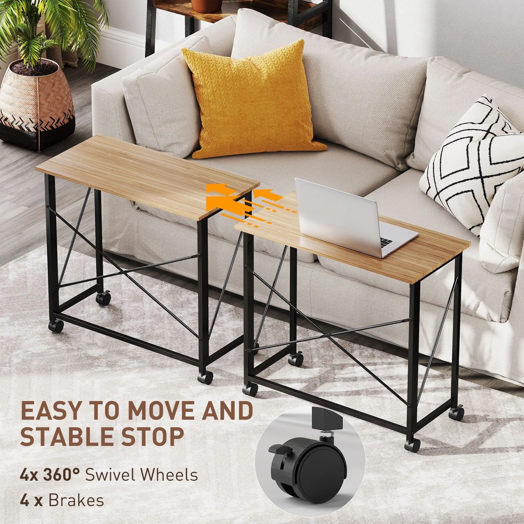 HOMCOM Składane Biurko na Kółkach, Oszczędzające Miejsce, Stal, MDF, Dąb