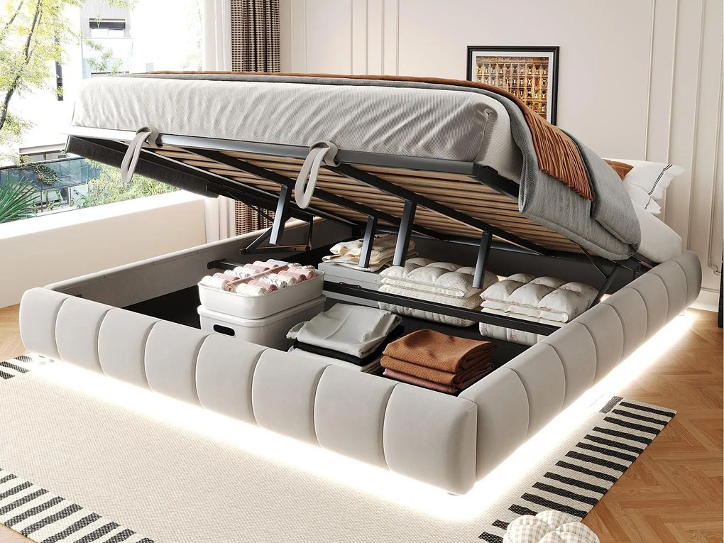 Tapicerowane łóżko ze schowkiem 180x200cm - z taśmą świetlną LED (jednolity kolor) - Beżowe (materac nie wchodzi w zestaw)