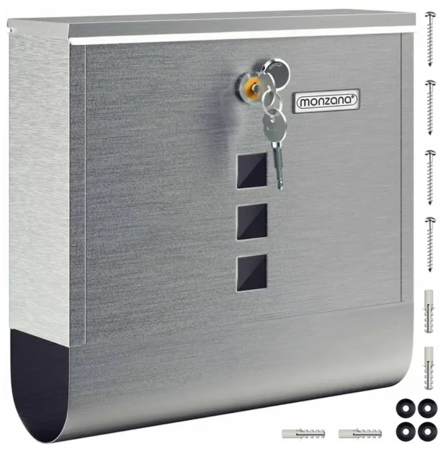 Skrzynka pocztowa z tubą na gazety POST, 30,5x10x33,5cm, srebrna Monzana