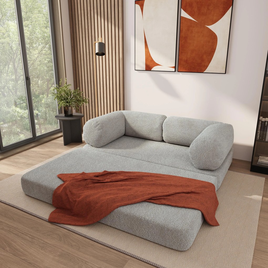 Masseno Sofa piankowa EIREN z funkcją spania, Kanapa z pianki do salonu, Bezmontażowa, Tkanina bucle – Jasnoszary QUELLE 83