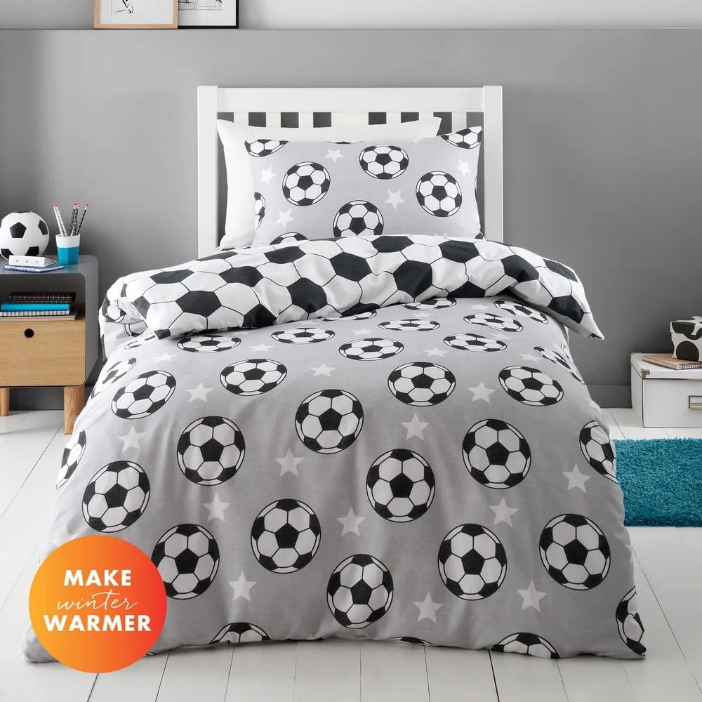 Szara flanelowa pościel dziecięca dwuosobowa 200x200 cm Football Stars – Catherine Lansfield
