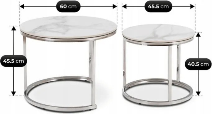 Zestaw Stolików Kawowych AMARA 45,5 cm/60 cm Biały Marmur/Srebrny Glamour