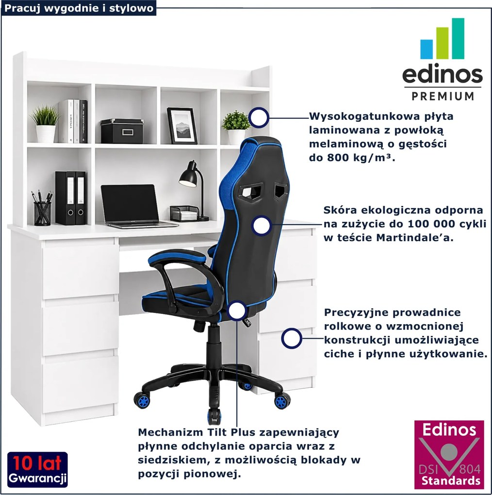 Zestaw biurko z szufladami + czarno-niebieski fotel biurowy B6-T13