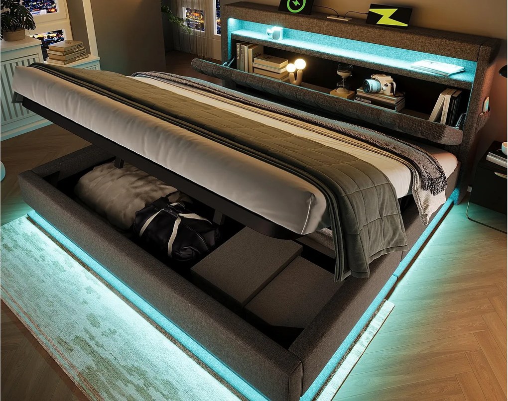 Tapicerowane łóżko z pojemnikiem 180x200 cm - z LED - z portami USB i Type-C - Tkanina lniana - Wezgłowie z przestrzenią do przechowywania - Szary