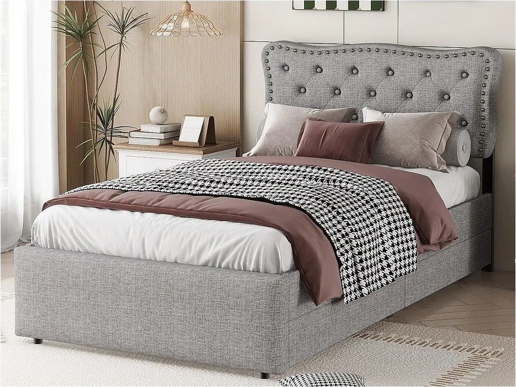 Łóżko tapicerowane z lnu z 2 szufladami - 90x200cm - wezgłowie ozdobione ćwiekami - Szare