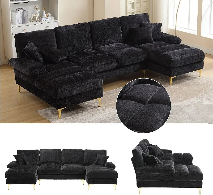 Nowoczesna sofa w kształcie litery U - 272 x 136 x 88 cm - z 2 rozkładanymi siedziskami do salonu i sypialni - Chenille - czarna