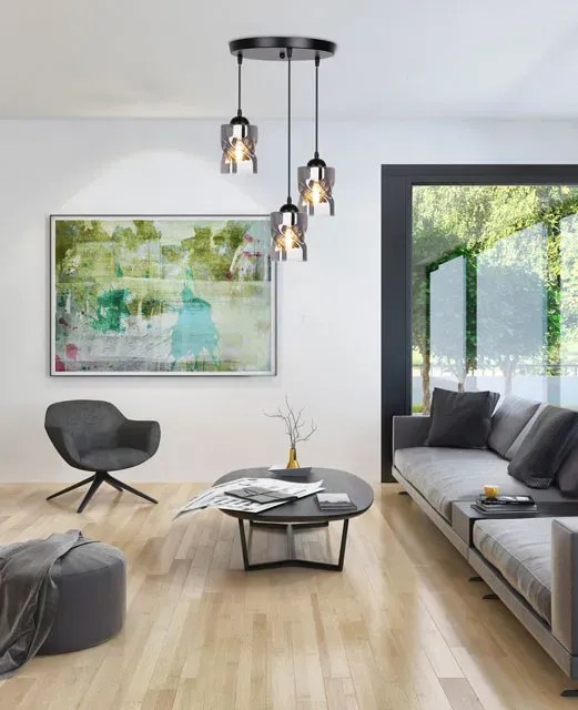 Czarna lampa wisząca do salonu z 3 kloszami ze szkła dymionego - Z026 D8-B03