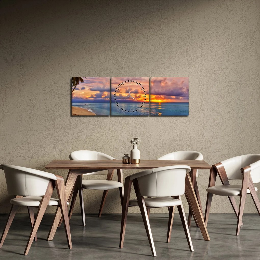 Obraz - Zachód słońca na plaży (z zegarem) (90x30 cm)
