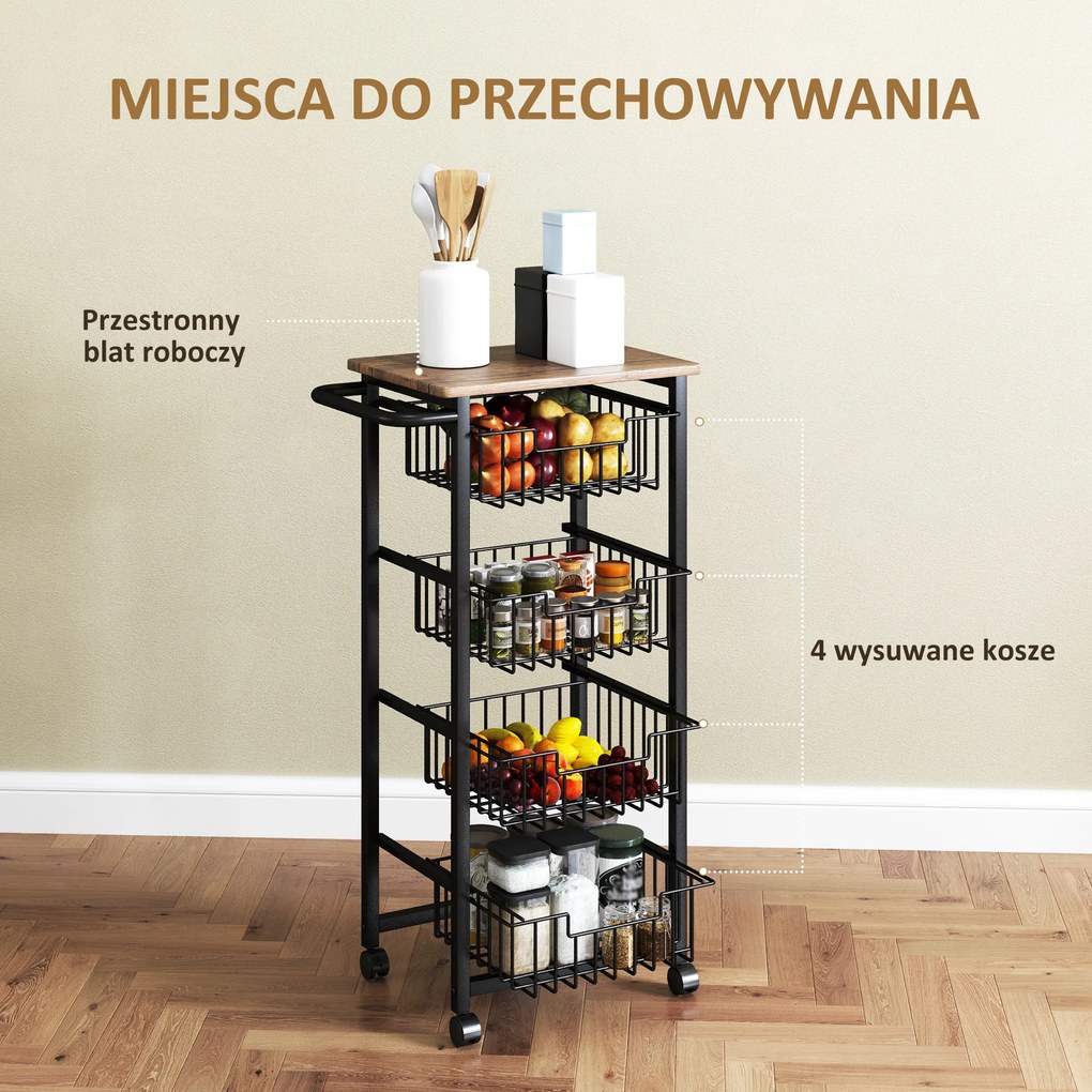 HOMCOM 4-poziomowy Wózek Kuchenny na Kółkach, Mobilny Wózek Serwisowy, Kuchenny Trolley z 4 Koszami Stalowymi
