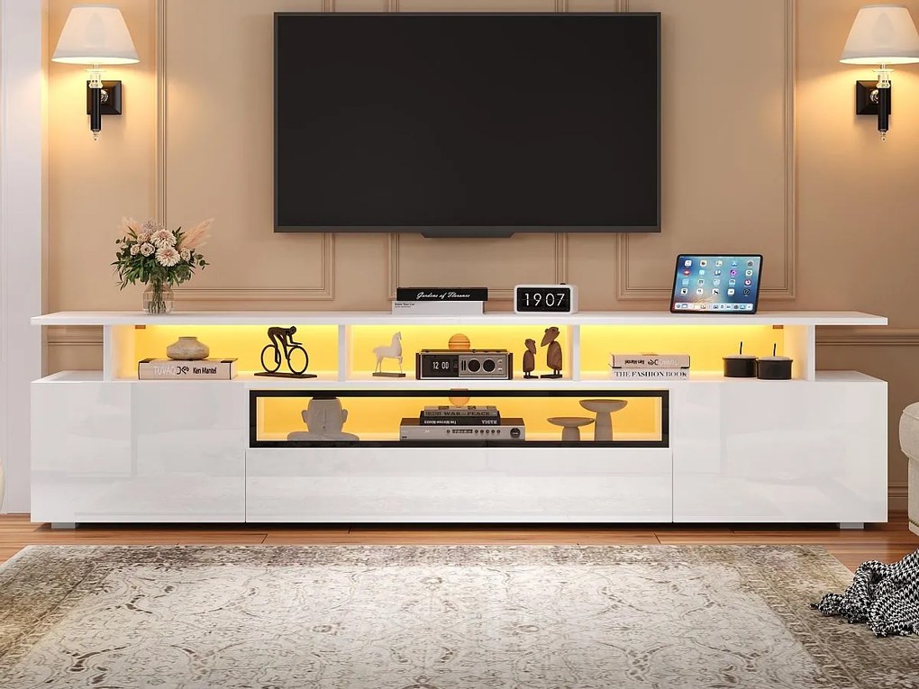 Meble TV 180x38x45cm - 1 szuflada i 2 drzwi - z LED - błyszczące wykończenie - Biały