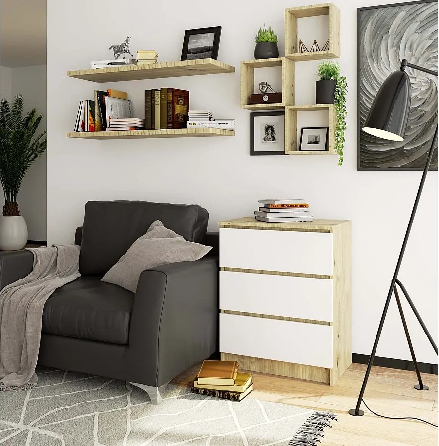 Komoda AKORD K60 Dąb Artisan 60 cm 3 szuflady kolor Biały mat 60x40x77 cm