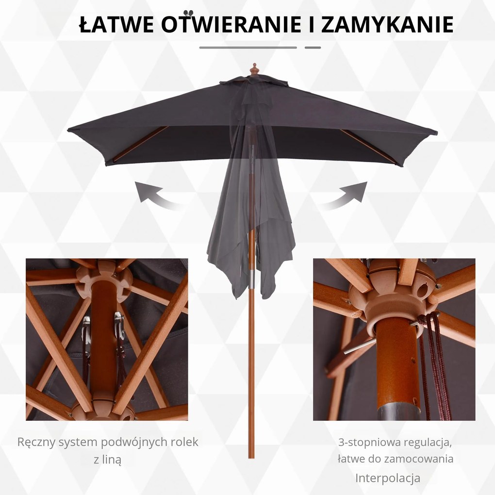 Outsunny Parasol Ogrodowy Drewno Jodłowe Poliester Ciemnoszary 3Stopniowa Regulacja 200x150x230cm | Aosom PL