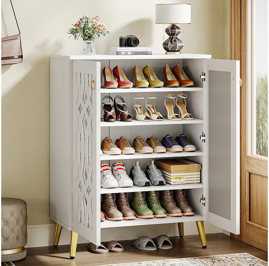 Szafka na buty z lustrem, 5-poziomowa, biała, nowoczesna szafka na buty z drzwiami