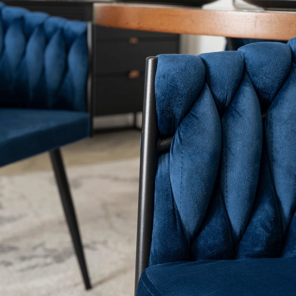 Krzesło Tapicerowane Plecione do Salonu ELENA Granatowe Welurowe Nowoczesne Loft