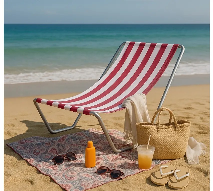 Składane leżak plażowy SAND, ciemnoróżowe paski