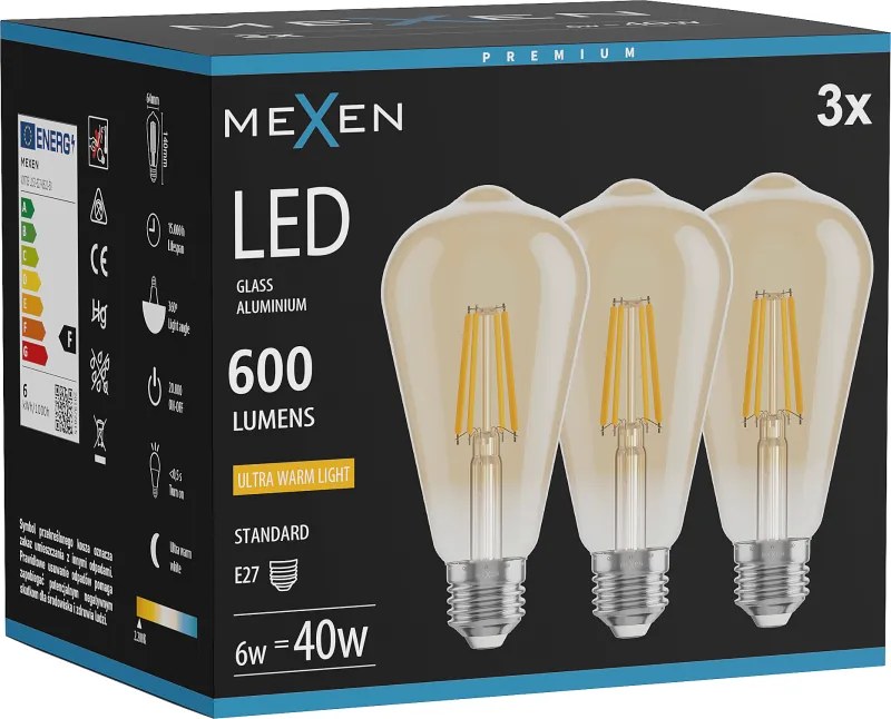 Mexen Vintis 3x żarówka filament LED E27, ST64, 6W, Ciepła - 2200K, 600 lm, amber - L152-E27-0622-50x03