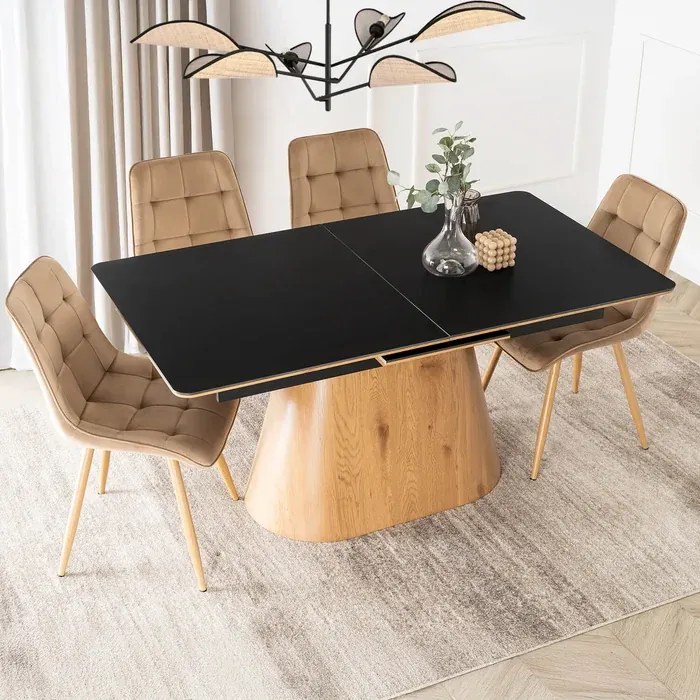 Zestaw Stół Rozkładany Ceramiczny LIZBONA 160-200 cm Czarny/Dąb i 4 Krzesła Tapicerowane RODRI Beżowe