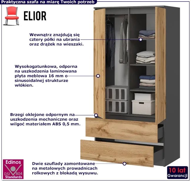 Nowoczesna Szafa Na Ubrania Antracyt + Dąb Wotan Awes