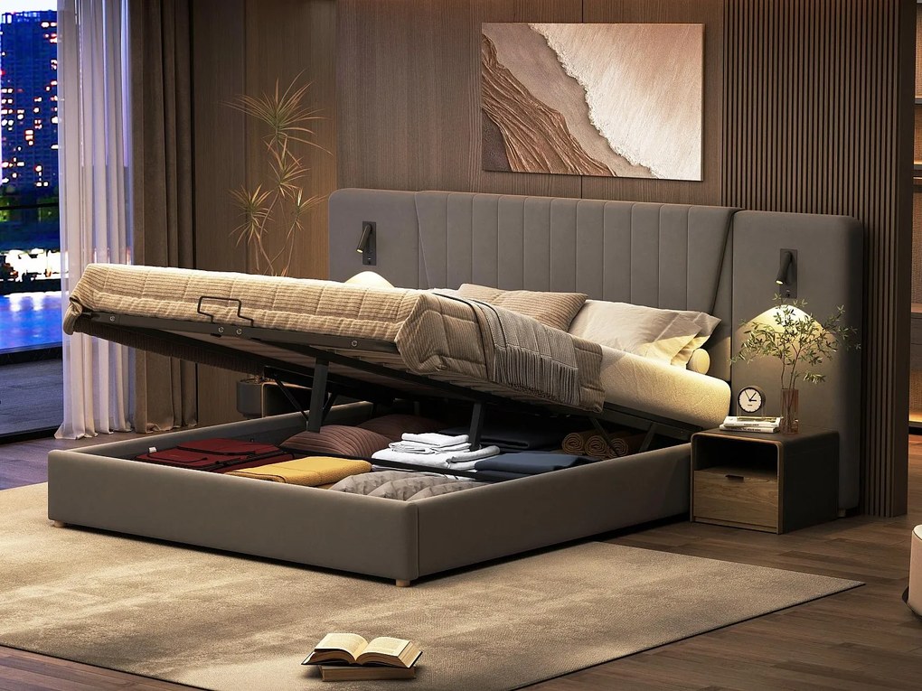 Łóżko z tapicerowanym welurem - 180x200cm - z lampkami do czytania i portem ładowania - Szare