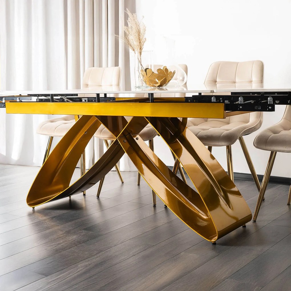 Zestaw Stół Rozkładany LUIGI 160-240 cm Czarny/Złoty i 4 Krzesła Tapicerowane YORK Czarne Glamour