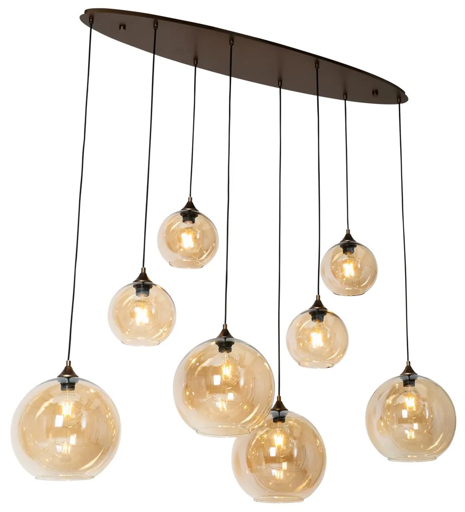 Lampa wisząca w stylu art deco ciemny brąz z bursztynowym szkłem owalnym 8-światłowa - Sandra ArtDeco Oswietlenie wewnetrzne