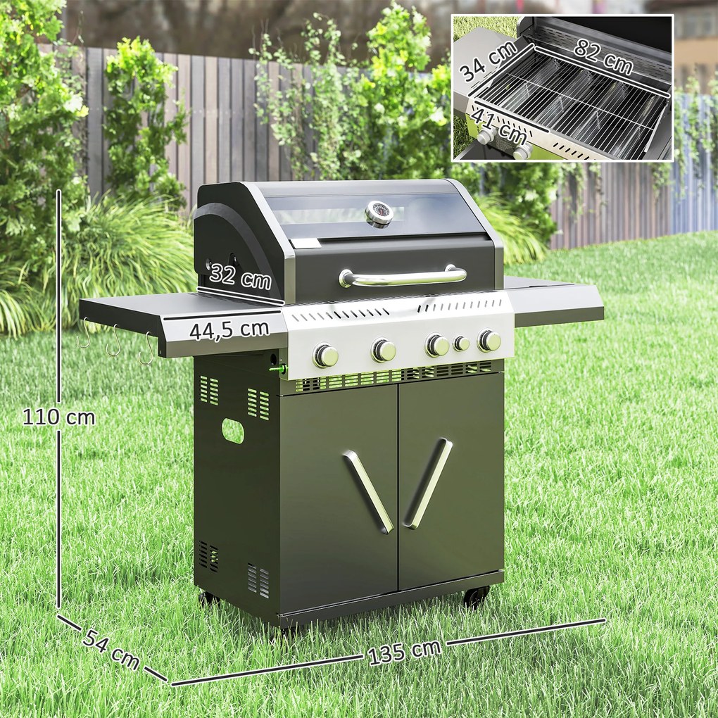 Outsunny Grill gazowy 12 KW na wózku z 5 palnikami bocznym palnikiem kółkami pokrywą termometrem bocznymi półkami 135 x 54 x 110 cm