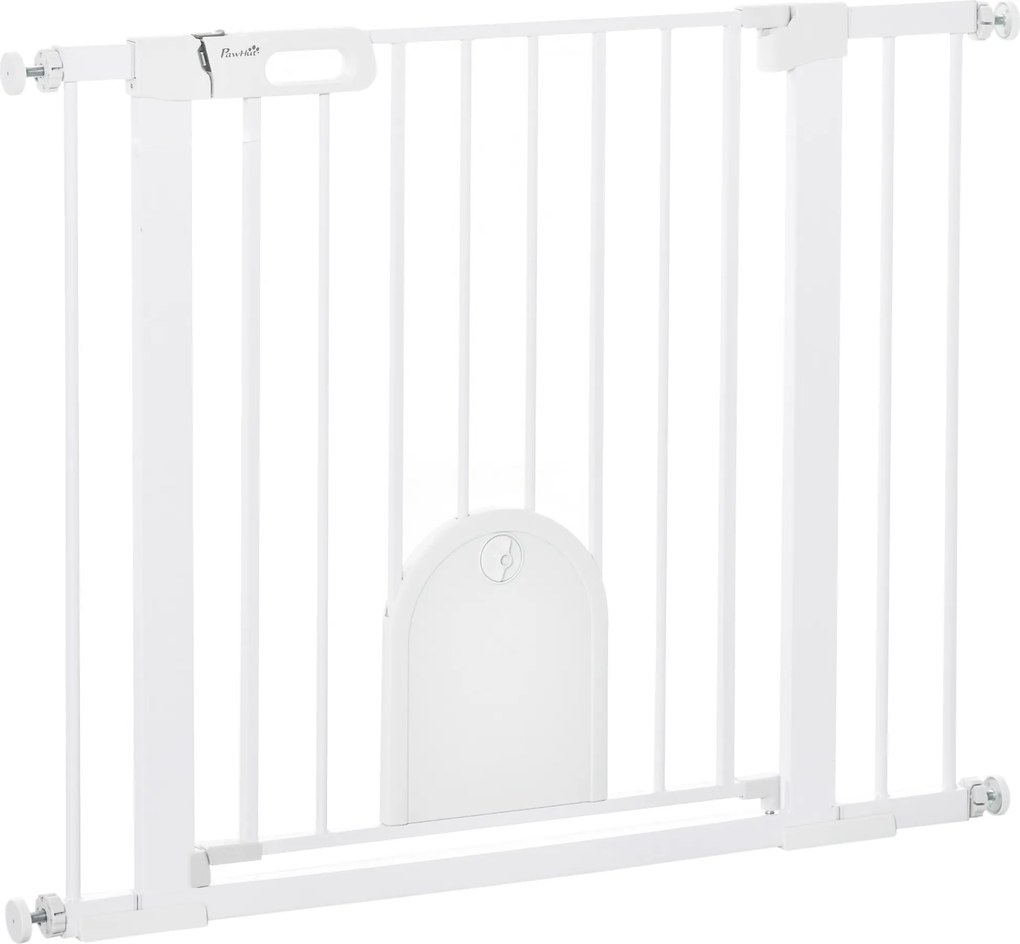 PawHut Regulowana bramka dla zwierząt, z małymi drzwiami, stal, tworzywo sztuczne, biały