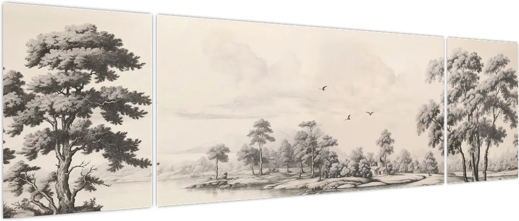 Obraz - Rysunek krajobrazu w stylu vintage (170x50 cm)