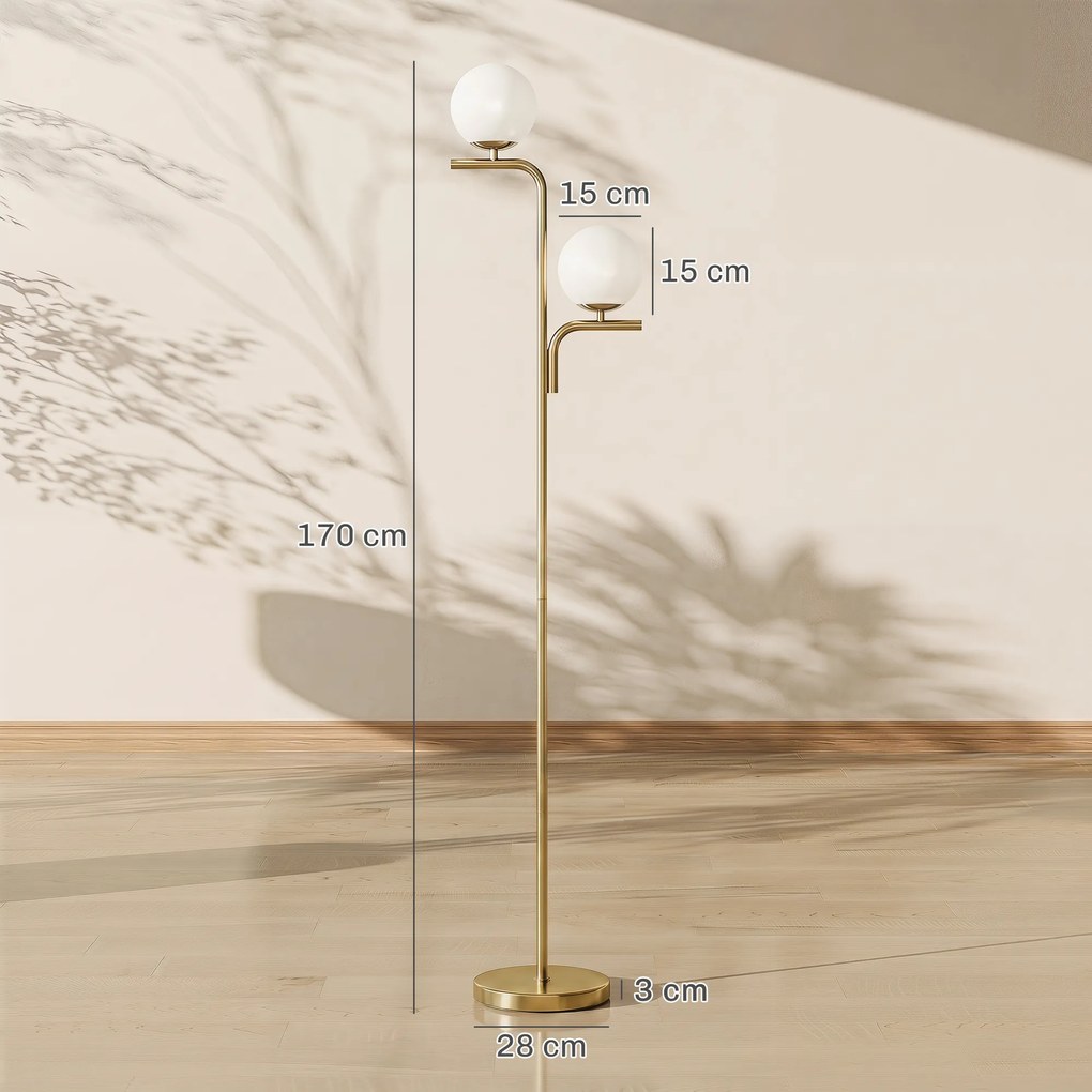 HOMCOM Lampa stojąca LED, nowoczesna lampa z 3 temperaturami barw, szklanymi kloszami i przełącznikiem nożnym, złota | Aosom PL
