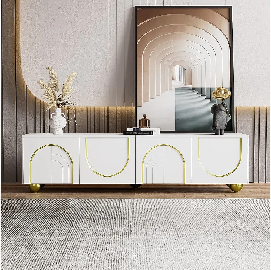 Niska szafka pod telewizor z drzwiami o fakturze - 170 x 38 x 44 cm - z okrągłymi, złotymi nogami - płyta wiórowa - biała