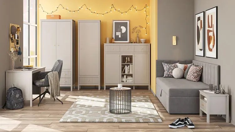 Nowoczesna komoda z witryną w kolorze taupe H7-F75