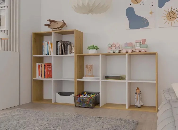 Nowoczesny regał na zabawki dąb artisan + biały S8-R01
