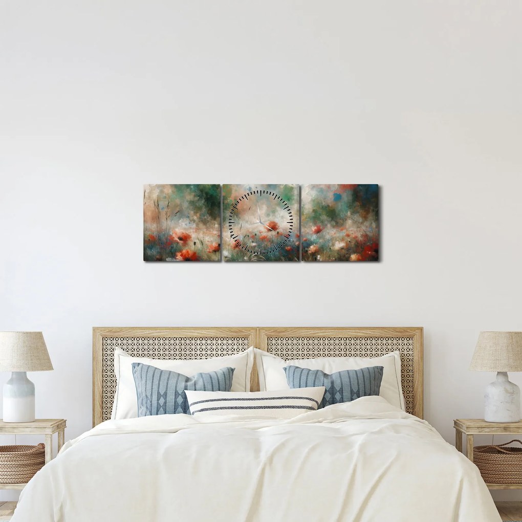 Obraz – Abstrakcja pola z makami (z zegarem) (90x30 cm)